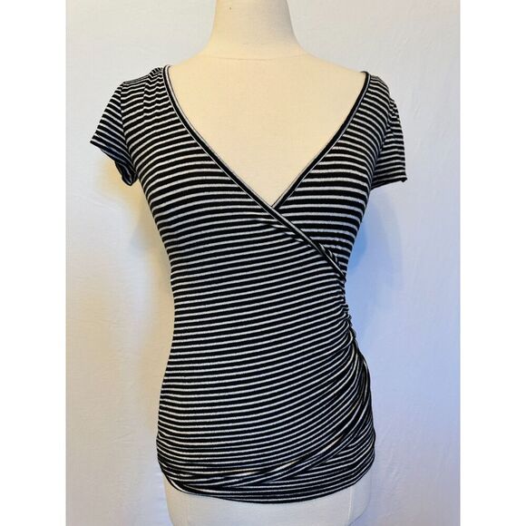 Vintage Cache Sparkly Black and White V Neck Short Sleeve Top Size XS - Picture 4 of 6